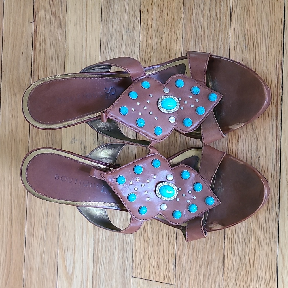 Brown Leather Turquoise Sandals Heels 10